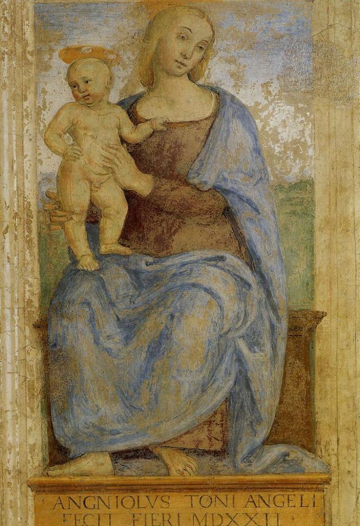 Fresko der Madonna mit Kind von Pietro Perugino, mit zarten Linien und sanften Farben, darunter eine Inschrift.