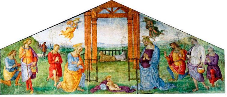 Fresko von Perugino, das die Anbetung der Hirten zeigt, mit dem Jesuskind in der Mitte und knienden Hirten, die beten.
