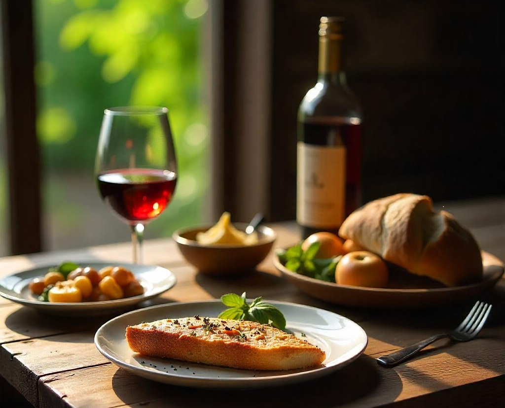 Table set with traditional dishes, a glass of red wine, and a bottle