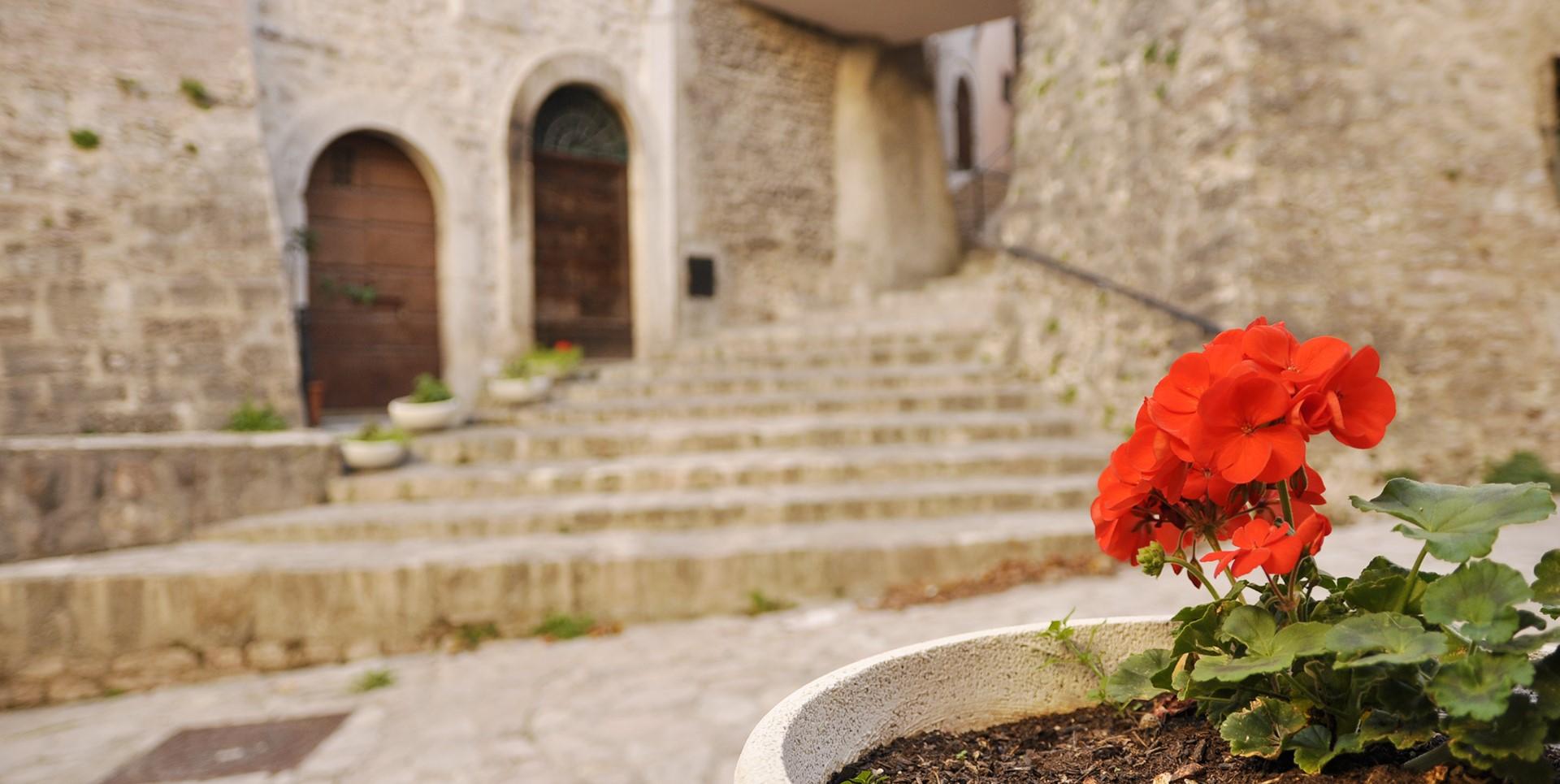 Vicolo in pietra con archi, scalinate e case storiche, con un vaso con gerani rossi in primo piano.