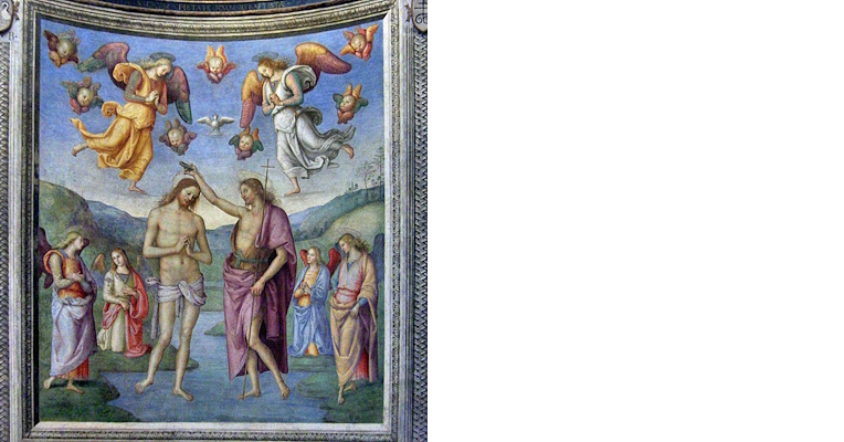Affresco del Battesimo di Cristo con Gesù e Giovanni Battista al centro, angeli e cherubini fluttuanti sullo sfondo celeste.