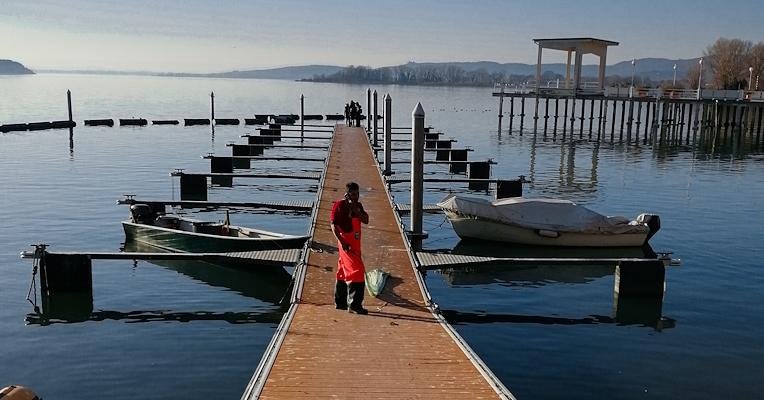 A wooden pier extends over Lake Trasimeno, with moored boats and a fisherman in a red apron at the center of the scene.