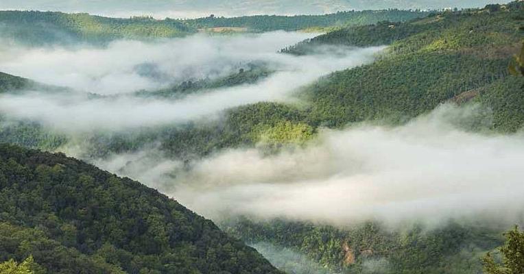 Aerial view of the Monte Peglia Natural Reserve, with green mountains covered in low-hanging clouds
