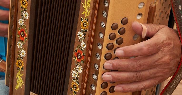 Image of an accordion player with their fingers resting on the side keys of the instrument