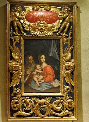 A Mannerist painting from the 16th century depicting the Holy Family, set in a beautiful original frame decorated with gold leaf.