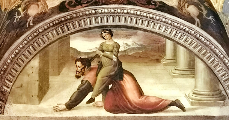 Fresco depicting a young woman riding a man, framed within arch with columns in the background