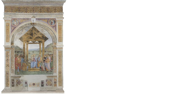 Affresco della Natività con la Sacra Famiglia sotto una capanna, circondata da pastori e Magi in un paesaggio collinare.