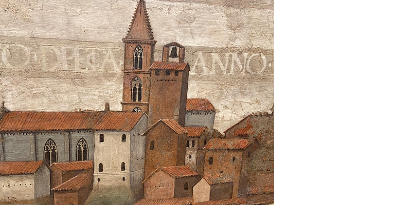 Urban view in the lower part of God the Father with Two Saints by Perugino, featuring towers and terracotta roofs