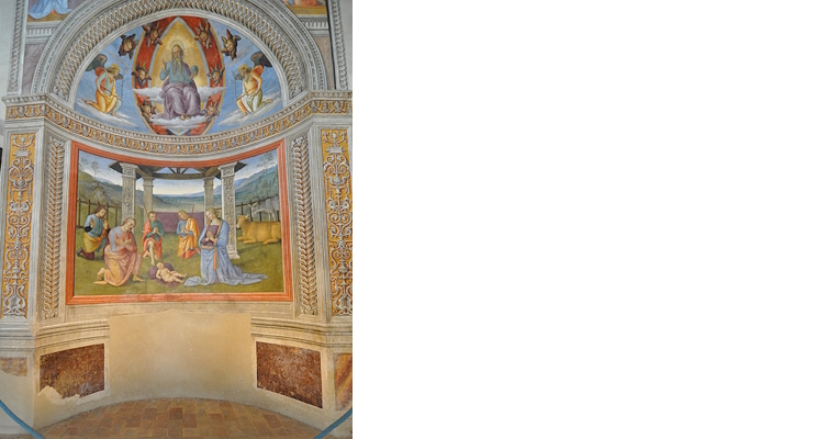 Affresco della Natività con la Sacra Famiglia sotto una capanna, circondata da pastori e Magi in un paesaggio collinare.