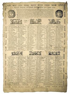 Reproduction of a 1762 Barbanera almanac with monthly calendar, astrological forecasts and decorative illustrations.