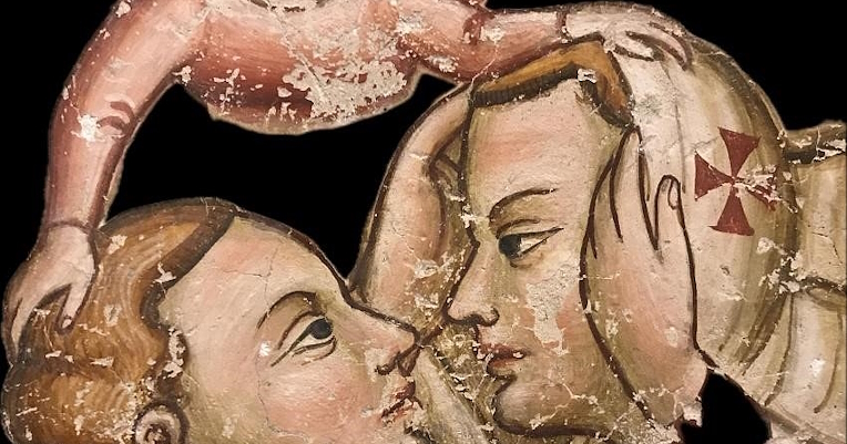 Detail of a fresco depicting two hooded penitents looking into each other's eyes during the Procession of the Whites.