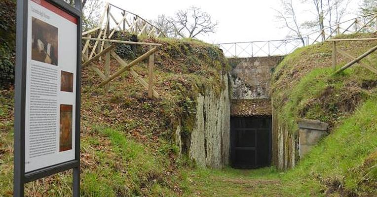 Entrance to the Tomb of the Hescanas with information panel and access dromos