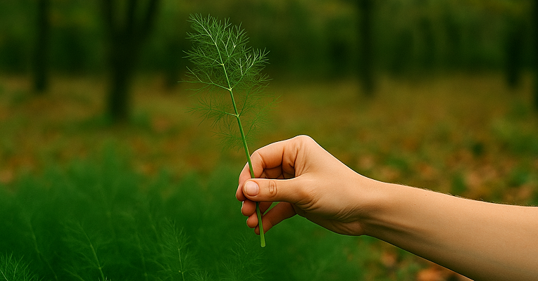Hand holding a sprig of wild fennel in a field, with blurred trees in the background.