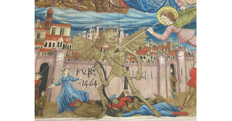 1464 fresco of a winged skeleton spreading death in a medieval town, with the inscription "FVR" and an angel confronting it.