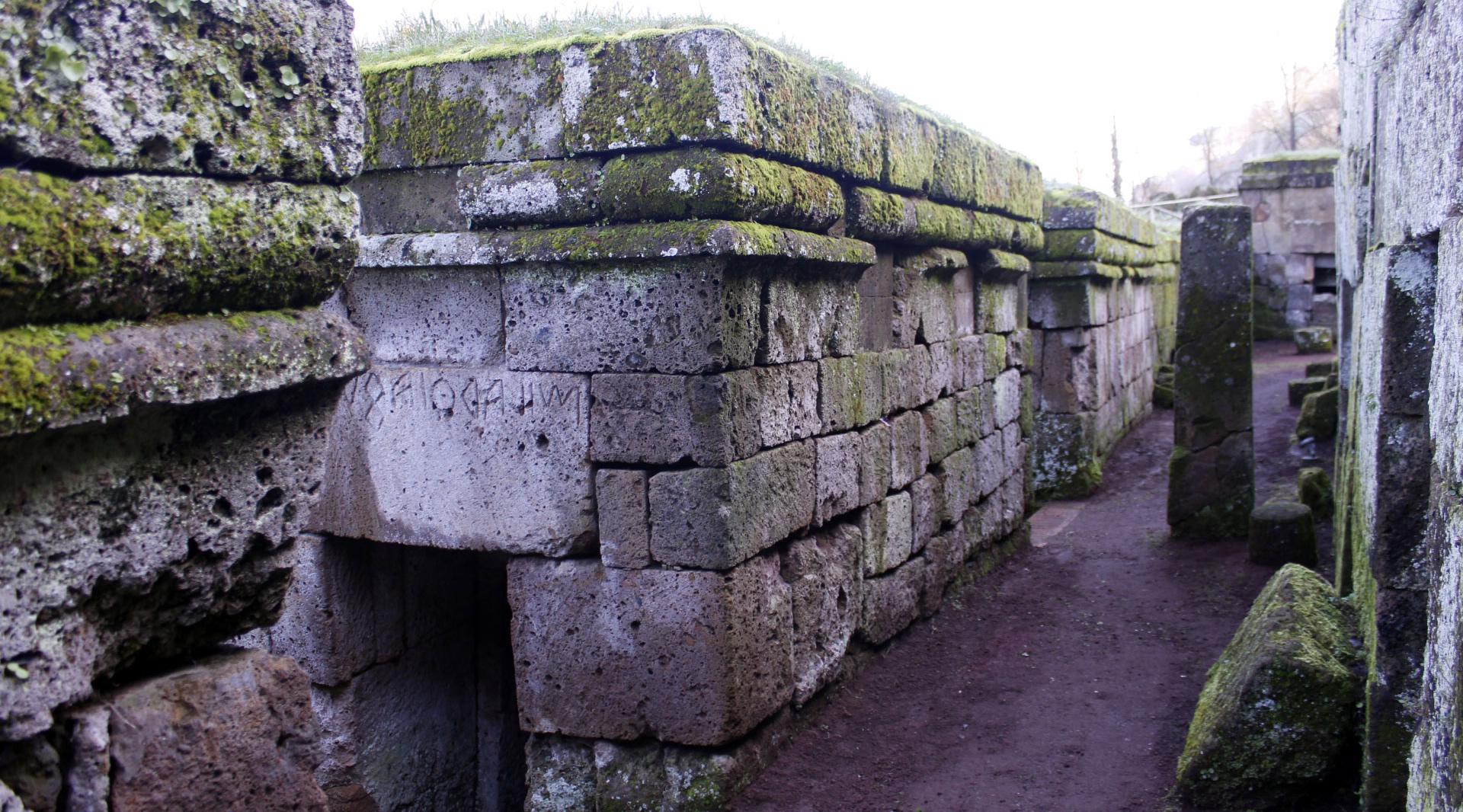 Etruscan necropolis with numerous tombs made of moss-covered stone blocks.