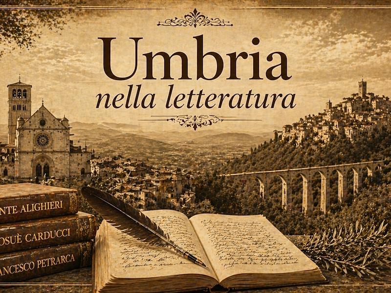 Banner with the text “Umbria in literature”, showing an Umbrian landscape, a basilica, a hilltop village and a bridge, with antique books and a notebook with a pen